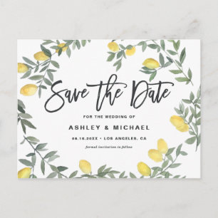 Boho Watercolor Lemon Wreath Summer Save the Date Postcard