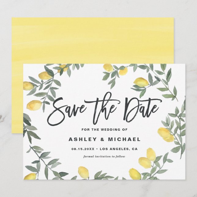 Boho Watercolor Lemon Wreath Summer Wedding Save The Date (Front/Back)