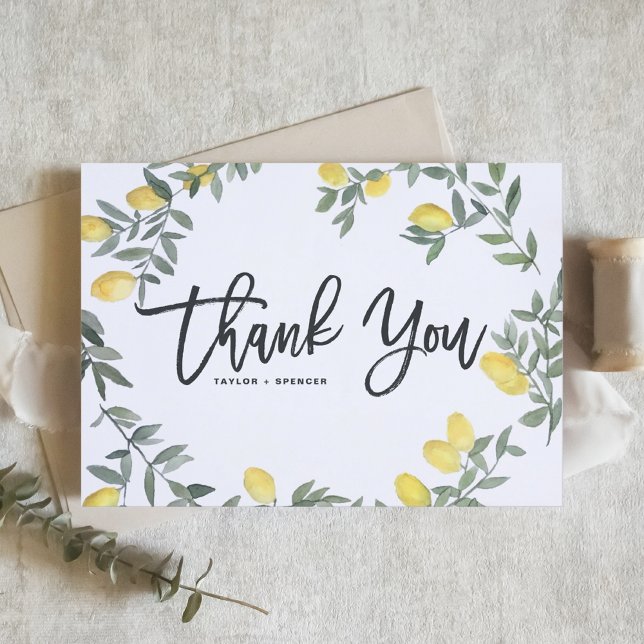 Boho Watercolor Lemon Wreath Summer Wedding Thank You Card (Creator Uploaded)