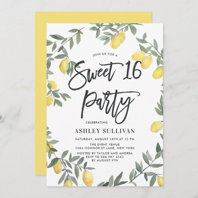 Boho Watercolor Lemon Wreath Sweet 16 Party Invitation (Front/Back)