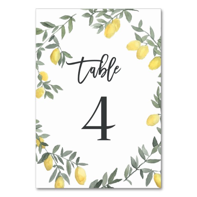 Boho Watercolor Lemon Wreath Table 4 Table Number (Front)