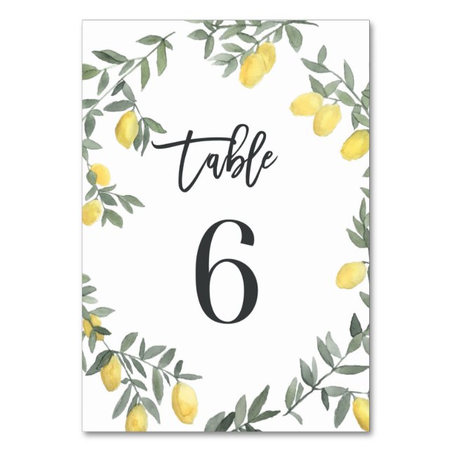 Boho Watercolor Lemon Wreath Table 6 Table Number (Front)
