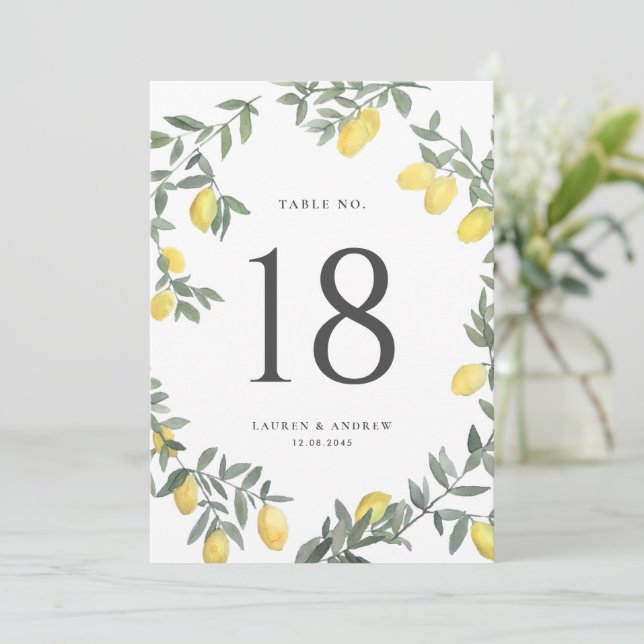 Boho Watercolor Lemon Wreath Wedding Table Number (Standing Front)