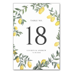 Boho Watercolor Lemon Wreath Wedding Table Number