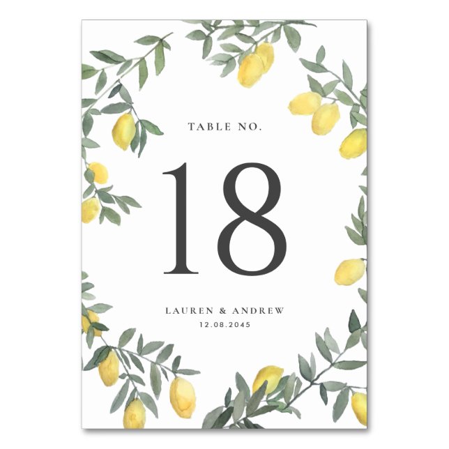 Boho Watercolor Lemon Wreath Wedding Table Number (Front)