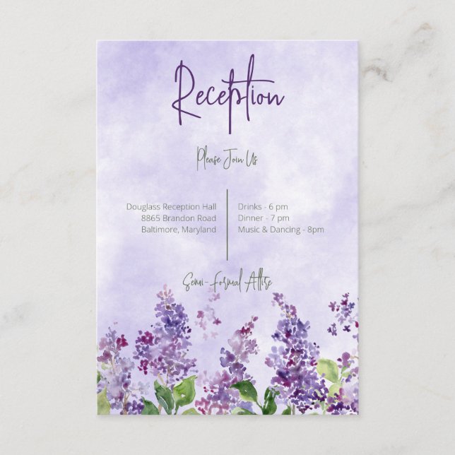 Boho Watercolor Lilac Flowers Reception Wedding Enclosure Card (Front)