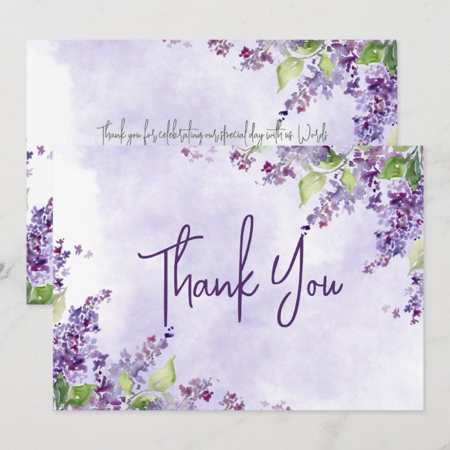 Boho Watercolor Lilac Flowers Wedding Thank You Card (Front/Back)