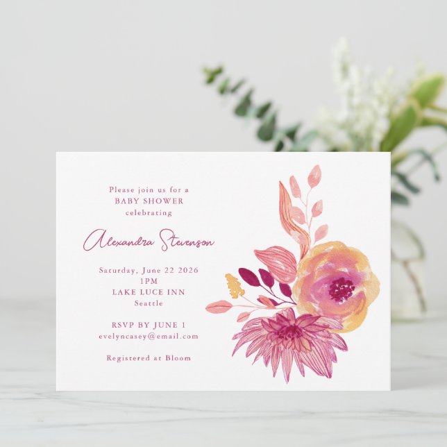 Boho Watercolor Magenta Red Flowers Baby Shower Invitation (Standing Front)