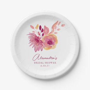 Boho Watercolor Magenta Red Flowers Bridal Shower Paper Plate