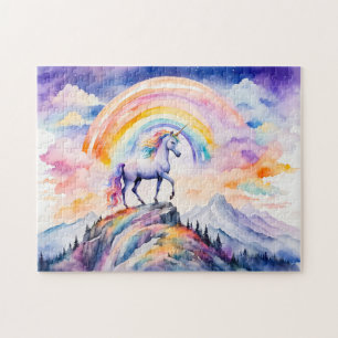 Boho Watercolor Magical Unicorn Beneath Glowing Ra Jigsaw Puzzle