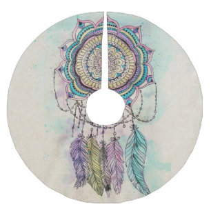 Boho Watercolor Mandala Dreamcatcher Brushed Polyester Tree Skirt
