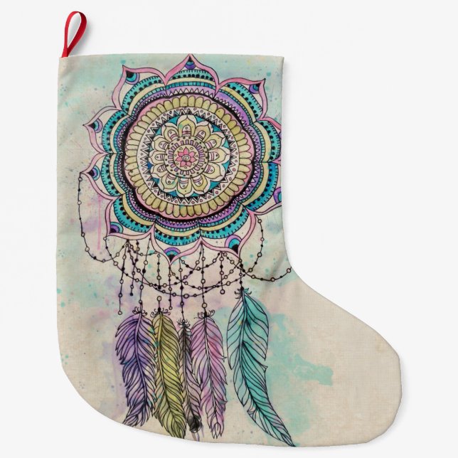 Boho Watercolor Mandala Dreamcatcher Large Christmas Stocking (Front)