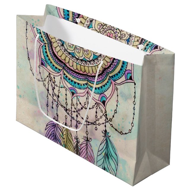 Boho Watercolor Mandala Dreamcatcher Large Gift Bag (Front Angled)