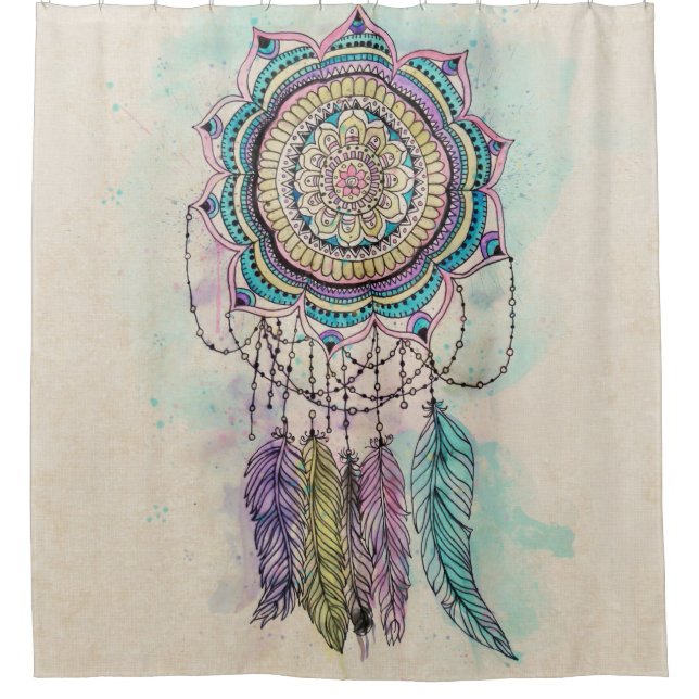Boho Watercolor Mandala Dreamcatcher Shower Curtain (Front)