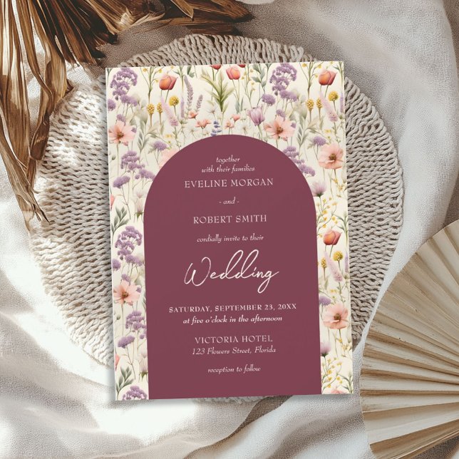 Boho watercolor maroon ivory purple wild flowers invitation (Boho watercolor maroon ivory purple wild flowers invitation)