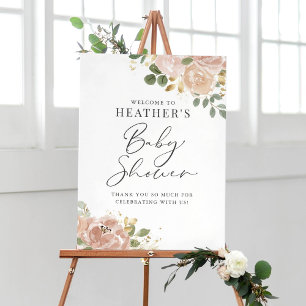 Boho Watercolor Mauve Peach Flowers Baby Shower Poster