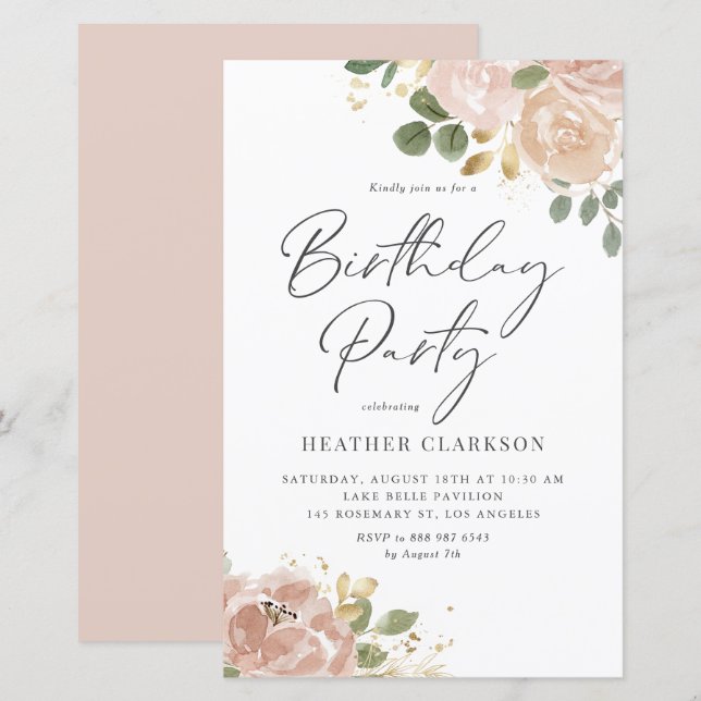 Boho Watercolor Mauve Peach Flowers Birthday Party (Front/Back)