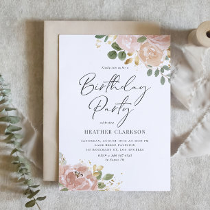 Boho Watercolor Mauve Peach Flowers Birthday Party Invitation
