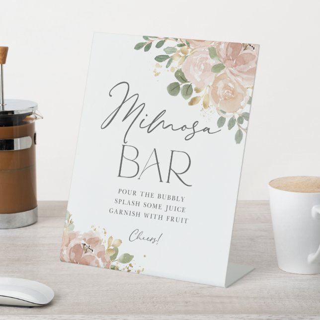 Boho Watercolor Mauve Peach Flowers Mimosa Bar Pedestal Sign (In SItu)