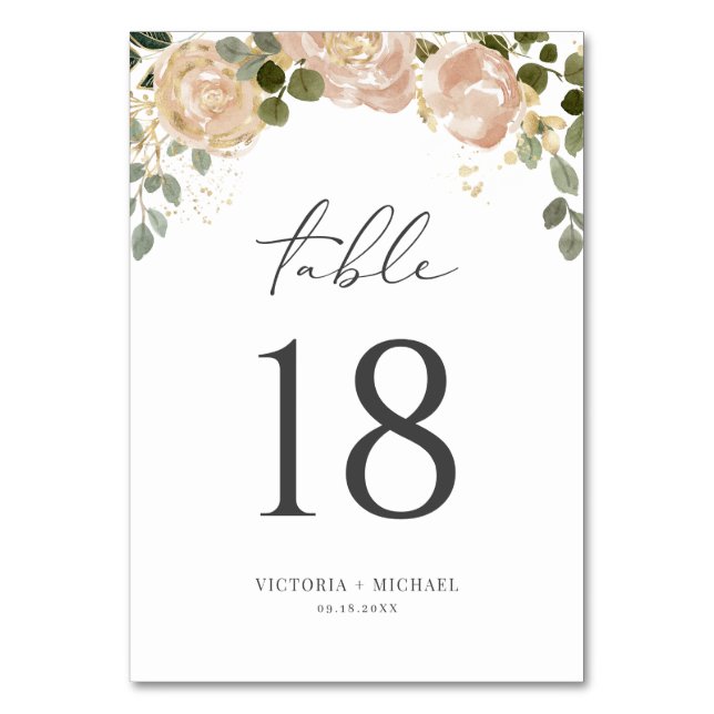 Boho Watercolor Mauve Peach Flowers Wedding Table Number (Front)