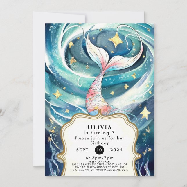 Boho Watercolor Mermaid Birthday Invitation (Front)