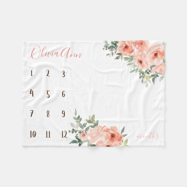Boho watercolor milestone peach photo prop fleece blanket (Front (Horizontal))