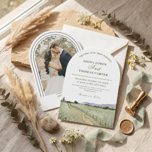 Boho Watercolor Mountain Arch Photo Wedding Minima Invitation
