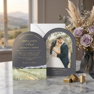 Boho Watercolor Mountain Arch Photo Wedding Minima Invitation