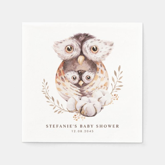 Boho Watercolor Mummy and Baby Owl Baby Shower Napkin (Front)