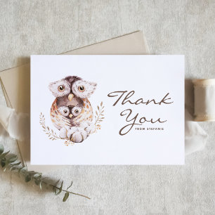 Boho Watercolor Mummy and Baby Owl Woodland Thank You Card