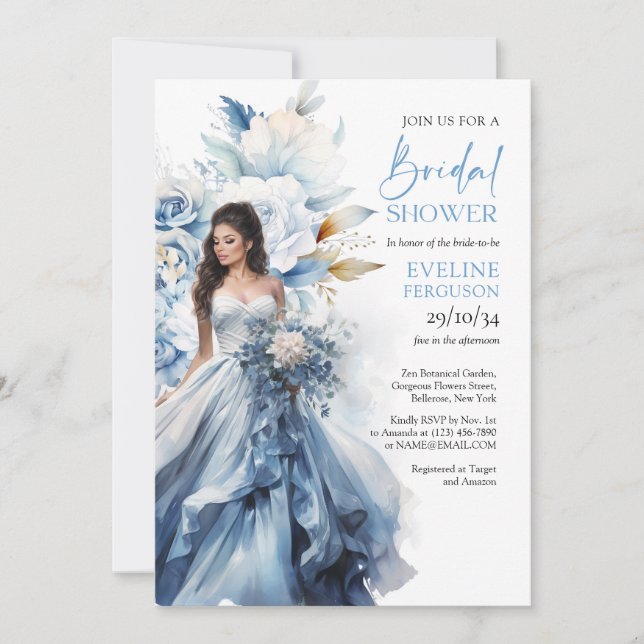 Boho watercolor navy and white flower bridal dress invitation (Front)
