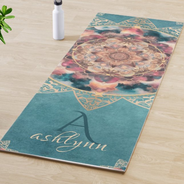Boho Watercolor Nebula Gold Flower Mandala Yogi  Yoga Mat (Boho Watercolor Nebula Gold Flower Mandala  Pattern Yoga Mat Yogi Gift For Her)