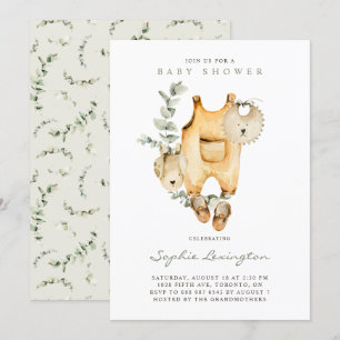 Boho Watercolor Overalls Eucalyptus Baby Shower Invitation