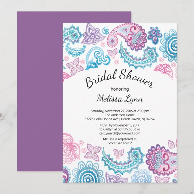 Boho Watercolor Paisley Pattern Bridal Shower Invitation (Front/Back)