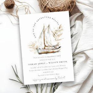 Boho Watercolor Palm Sailboat Seascape Engagement  Invitation