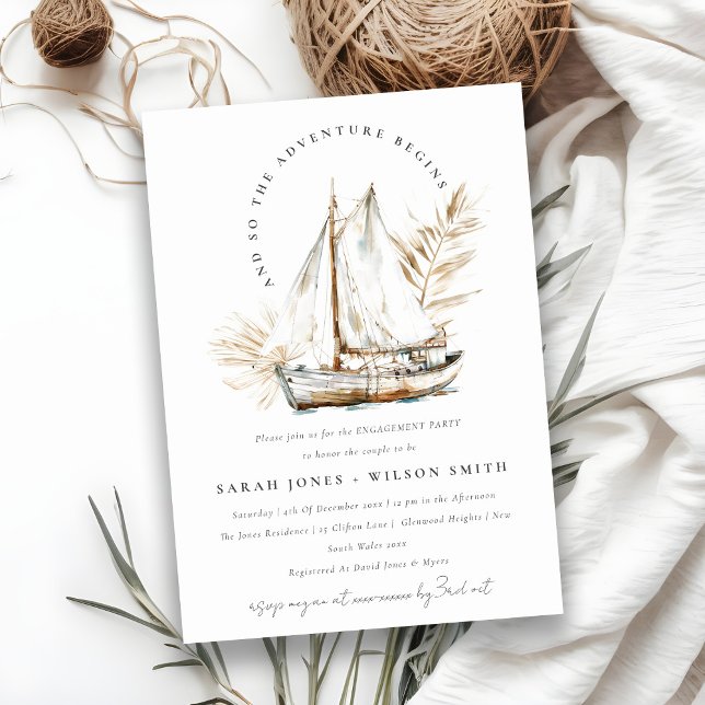 Boho Watercolor Palm Sailboat Seascape Engagement  Invitation (Creator Uploaded)