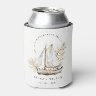 Boho Watercolor Palm Sailboat Seascape Wedding  Can Cooler