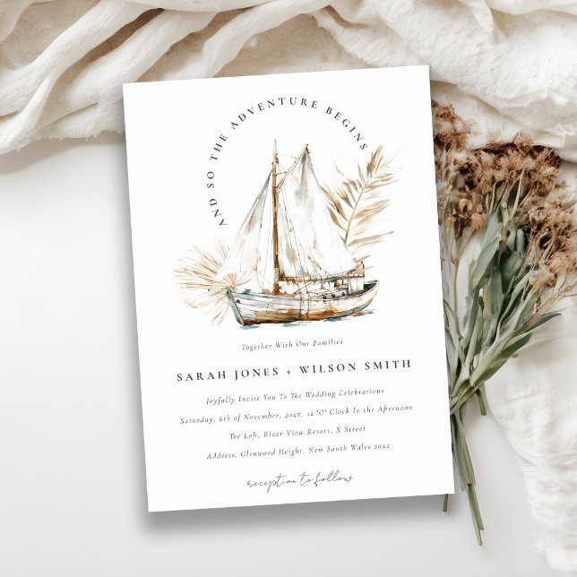 Boho Watercolor Palm Sailboat Seascape Wedding  Invitation (Creator Uploaded)