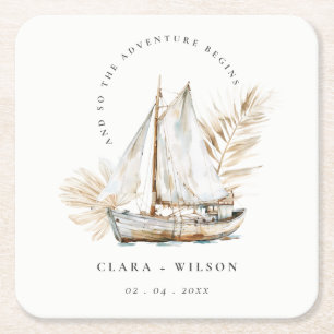 Boho Watercolor Palm Sailboat Seascape Wedding  Square Paper Coaster