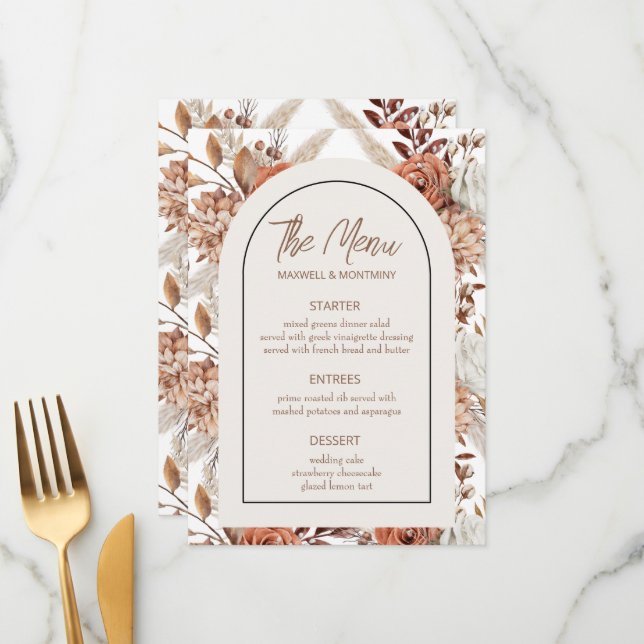 Boho Watercolor Pampas Wedding Menu Card (Front/Back In Situ)