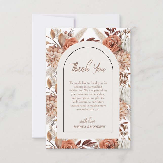 Boho Watercolor Pampas Wedding Thank You Card (Front)