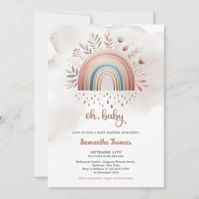 Boho watercolor pastel colours rainbow floral girl invitation (Front)