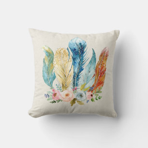 Boho Watercolor Pastel Fearhers Cushion