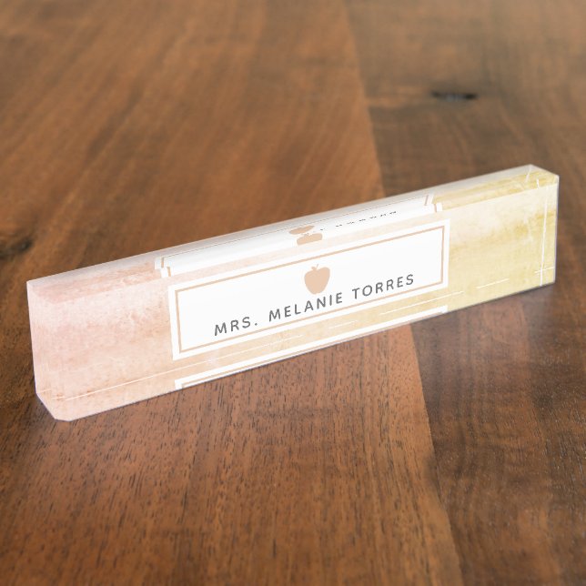 Boho Watercolor Pink Apple Teacher Nameplate (Side)