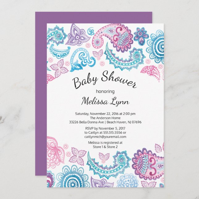 Boho Watercolor Pink Blue Paisley Baby Shower Invitation (Front/Back)