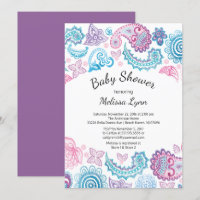 Boho Watercolor Pink Blue Paisley Baby Shower