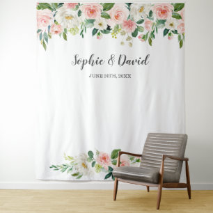 Boho Watercolor Pink Blush Flowers Wedding Tapestry