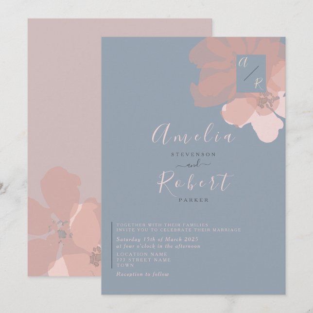 Boho Watercolor Pink Dusty Blue Wedding Invitation (Front/Back)