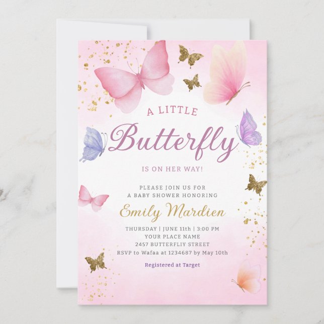 Boho Watercolor pink Girl Butterfly Baby Shower Invitation (Front)
