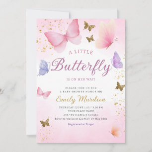 Boho Watercolor pink Girl Butterfly Baby Shower Invitation